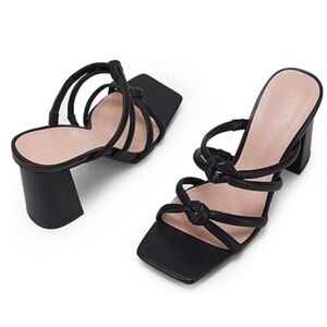 LAICIGO Square Open Toe Block Heels Sandals Braided Straps, Black, Sz 8